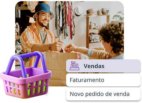 Homem sorridente entregando uma sacola de compras a uma cliente em loja, com ícones relacionados a vendas e opções de faturamento e novo pedido de venda. Carrinho de compras ilustrado no canto esquerdo.