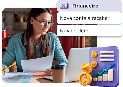 Mulher revisando documentos financeiros enquanto utiliza um laptop. Ícones relacionados à gestão financeira destacam opções de nova conta a receber e novo boleto. No canto direito, uma ilustração de moedas, gráfico de crescimento e faturas.